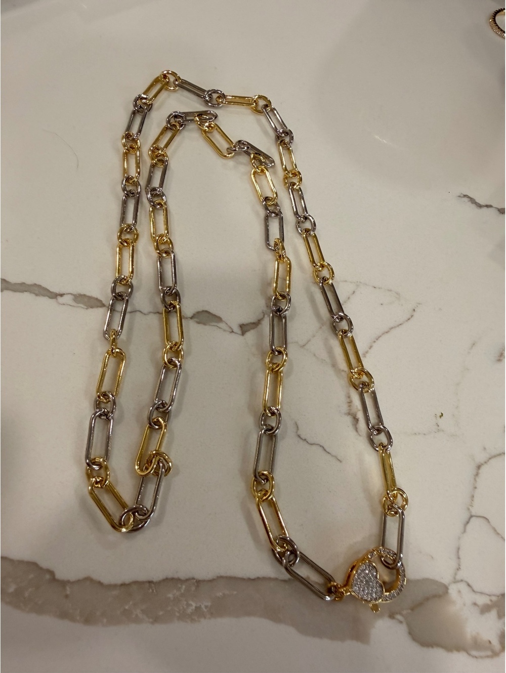 Two-Tone Gold and Silver Paperclip Chain Necklace with Heart Clasp